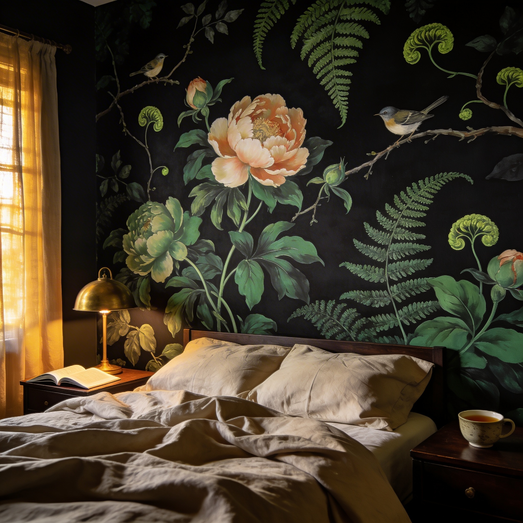 Dark botanical mural with painted peonies, ferns and birds wrapping a bedroom wall, warm bedside lighting, linen bedding