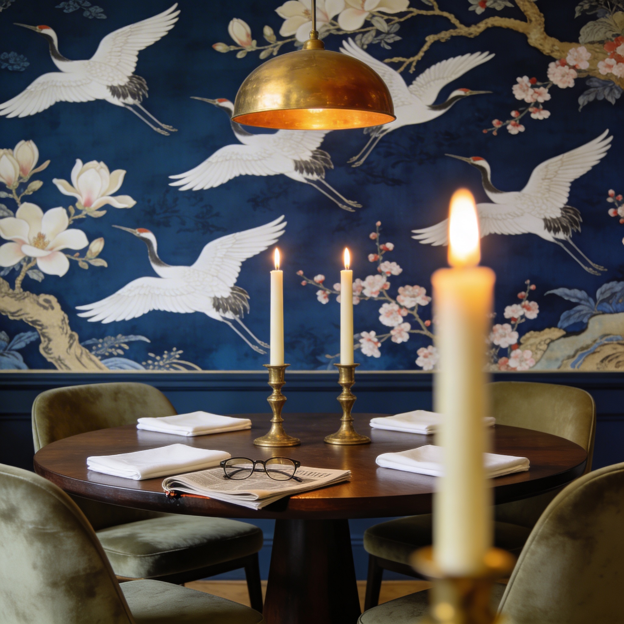 Chinoiserie dining room mural with cranes and magnolias on midnight blue ground, candlelit table with upholstered chairs