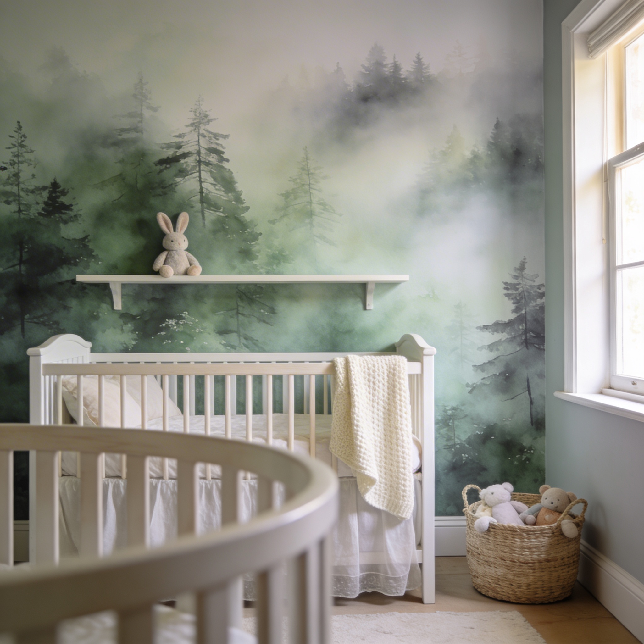 Misty forest nursery mural with soft watercolour trees and morning mist, white crib and gentle textiles