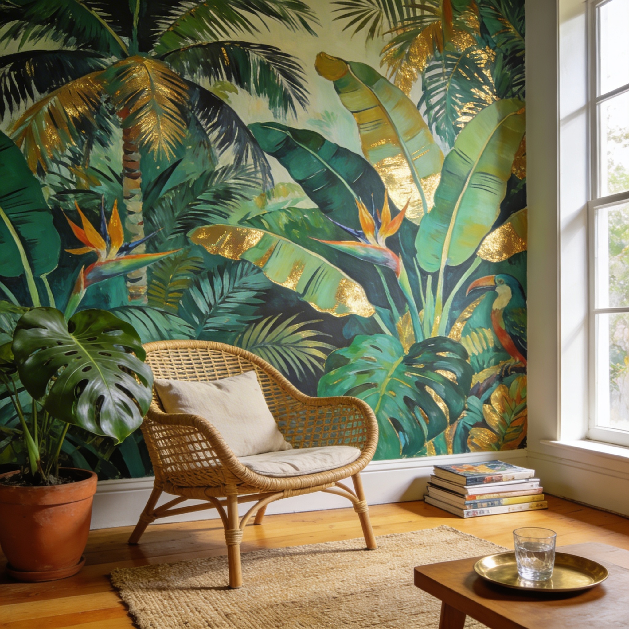 Tropical living room mural with lush palms, exotic birds and vivid greens, rattan furniture in natural light