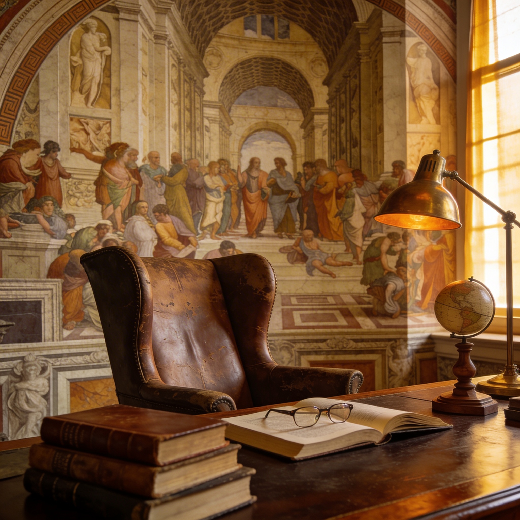 Renaissance study mural with classical figures and architectural arches, leather chair and warm desk lamp
