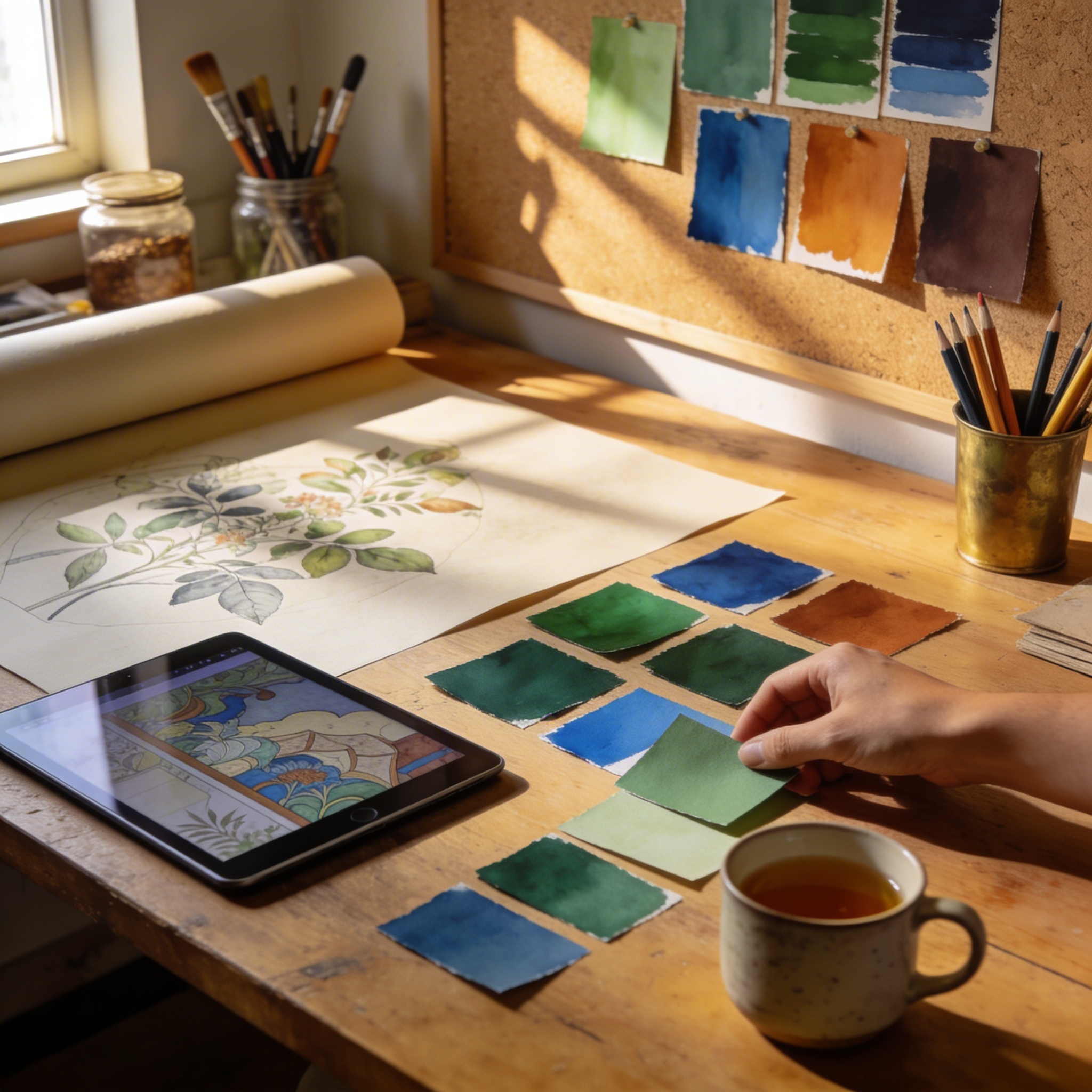 Designer at work in a sunlit studio, reviewing a mural design on screen with rolls of wallpaper paper and colour swatches visible