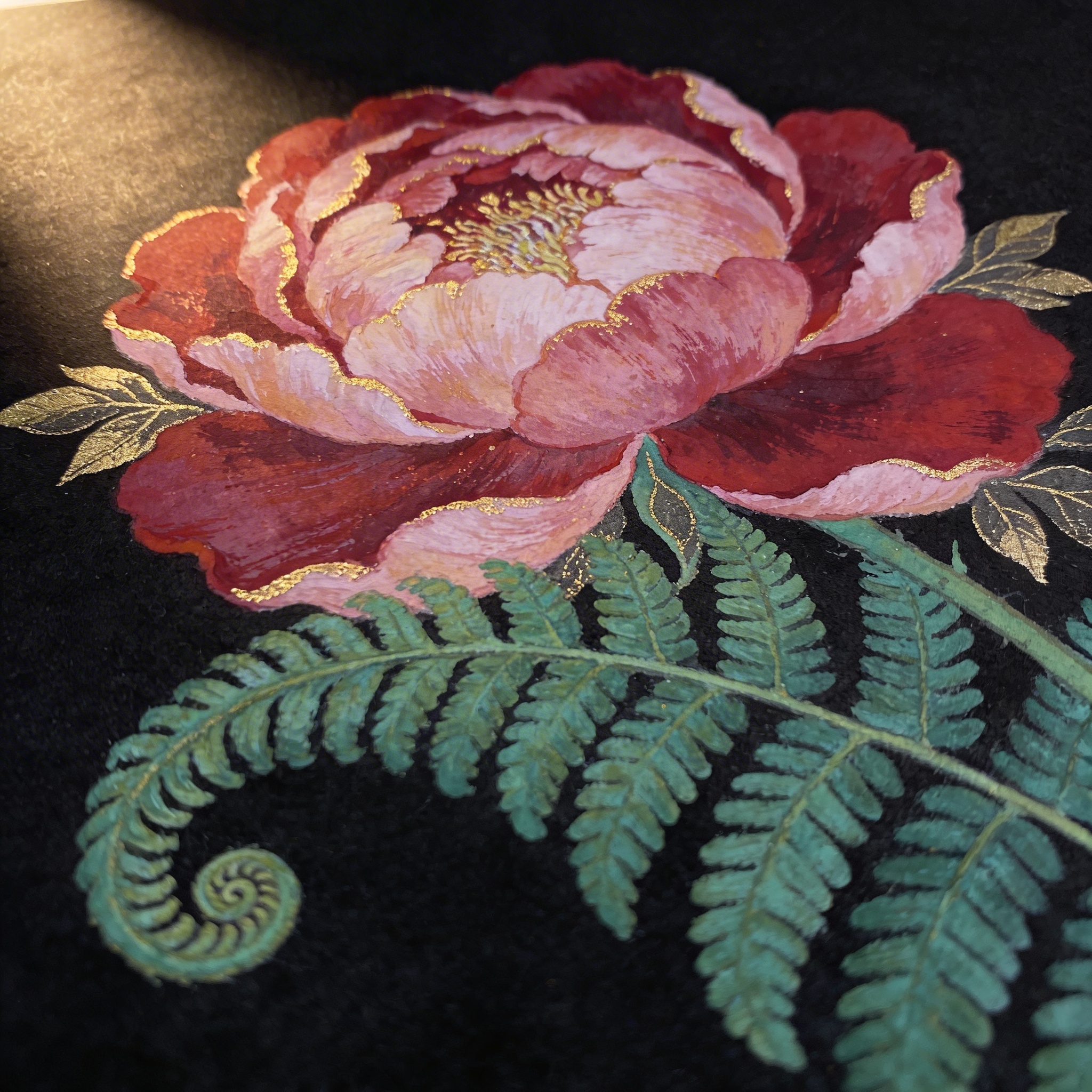 Close-up detail of a dark botanical mural showing painted peony petals and delicate fern fronds