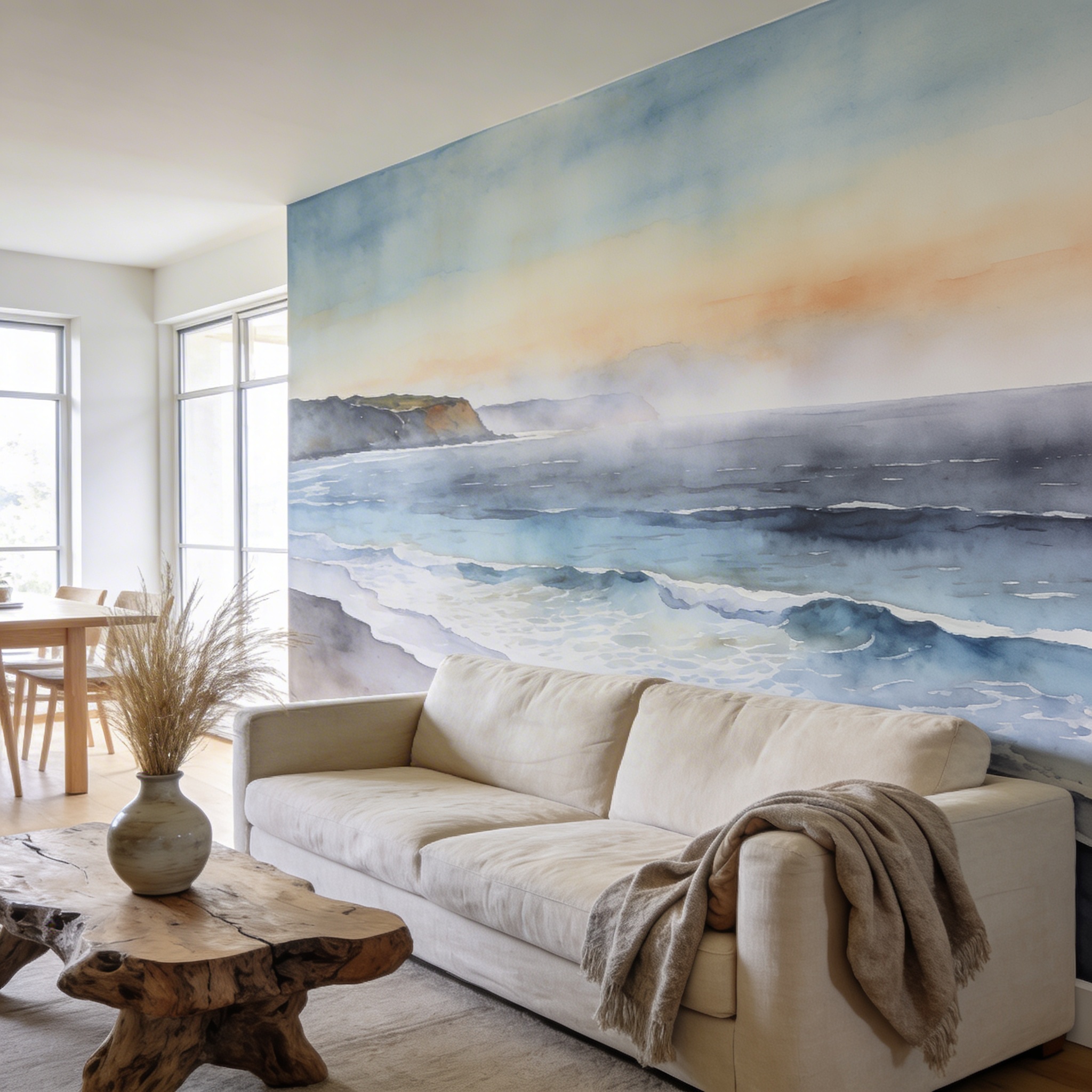 Open-plan living and dining room with a large coastal scenic mural spanning the feature wall