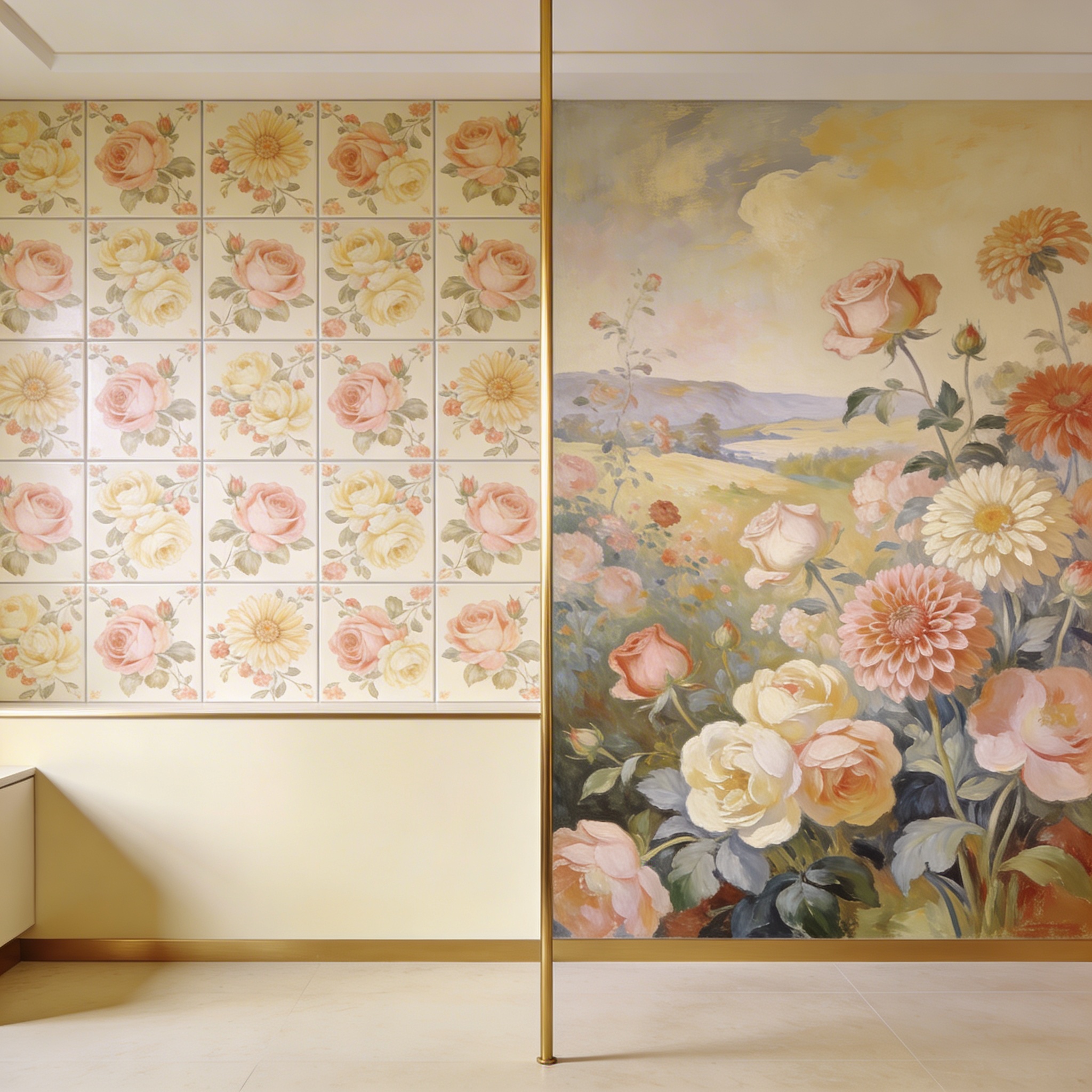 Side-by-side comparison of a repeating floral tile pattern and a scenic mural version of the same flowers
