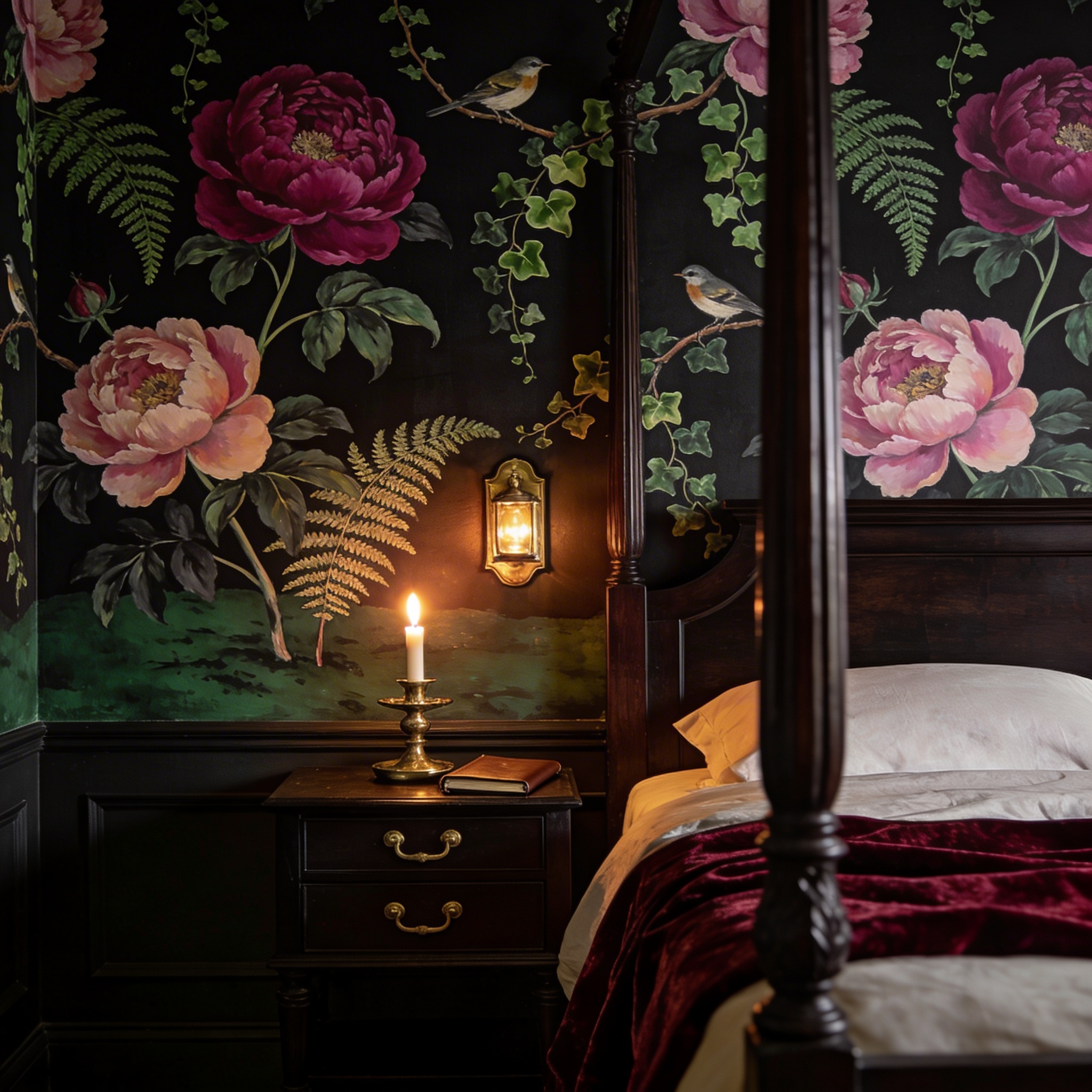 Dark botanical mural with painted peonies and ferns on deep black-green ground, installed in a moody bedroom