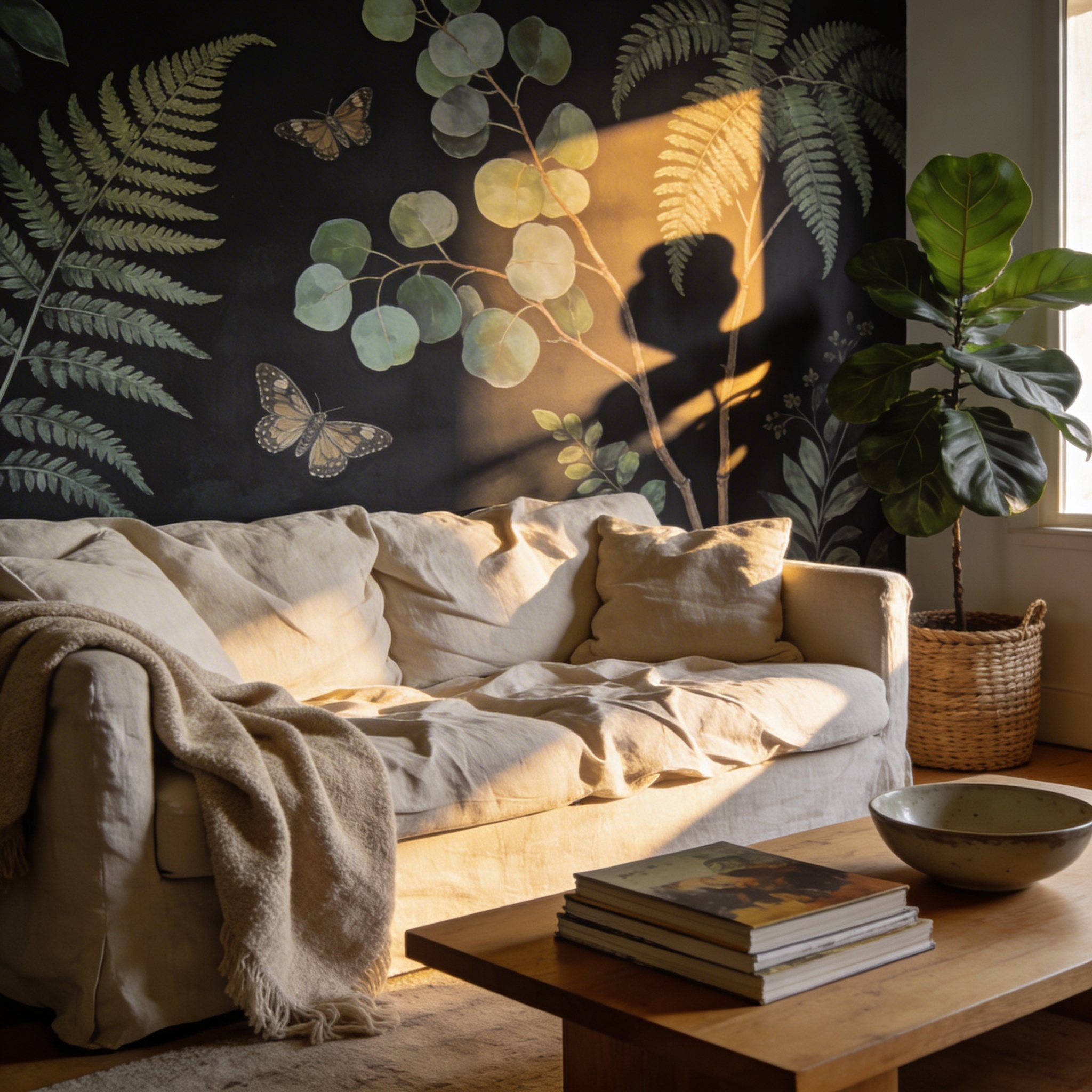 Dark botanical mural in a living room with linen sofa, afternoon window light