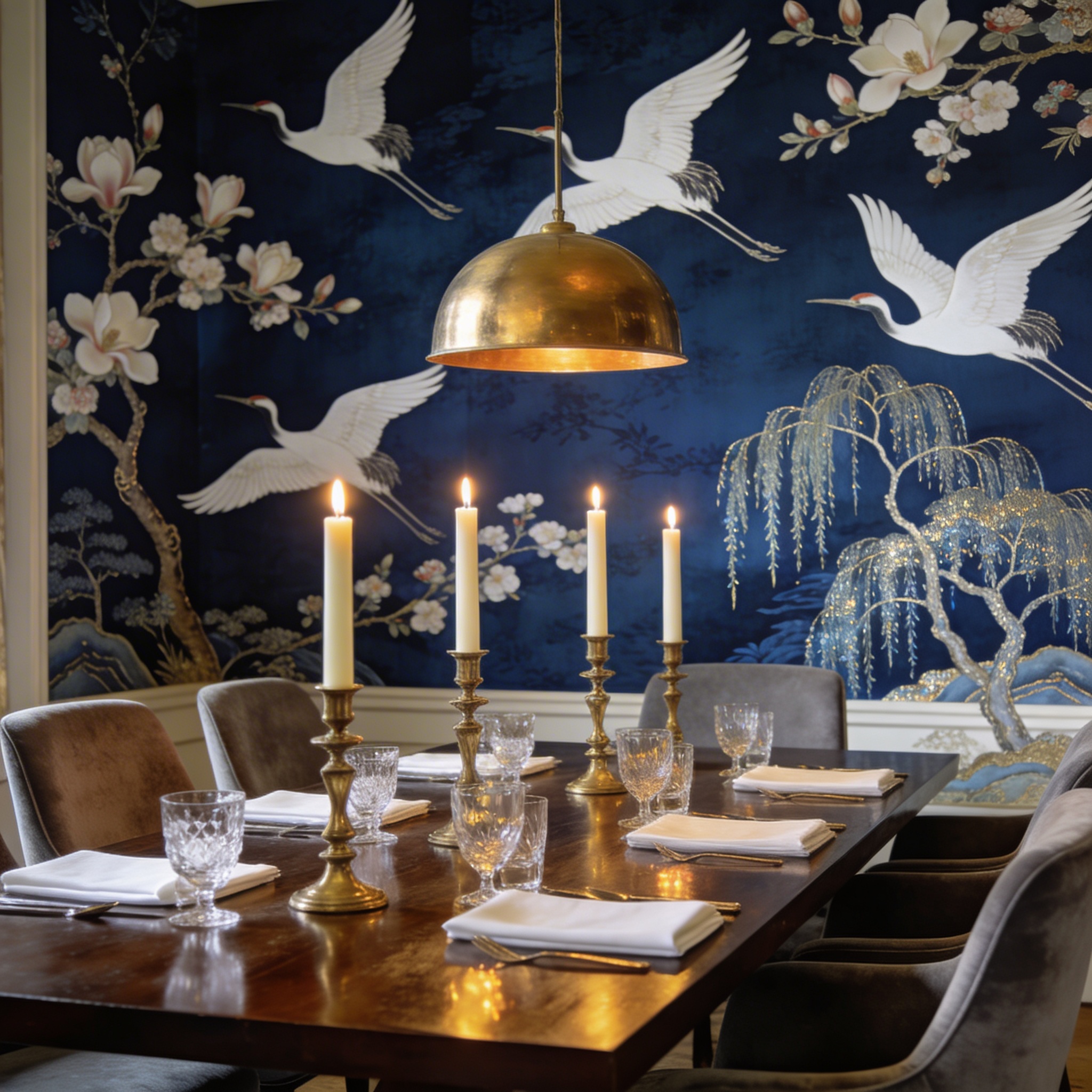 Chinoiserie mural with cranes and magnolias on midnight silk ground, installed in a candlelit dining room