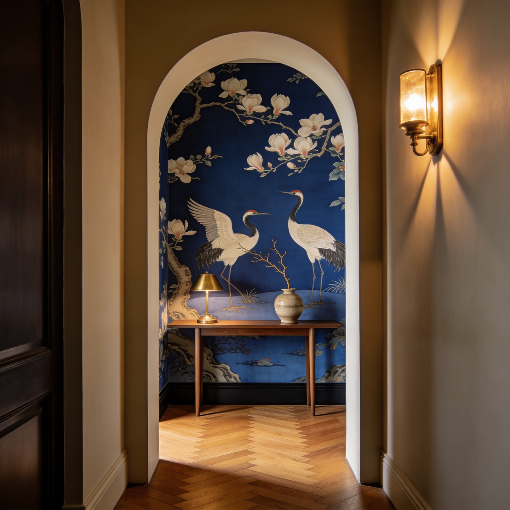 Chinoiserie mural in a narrow hallway with console table, visible through an archway