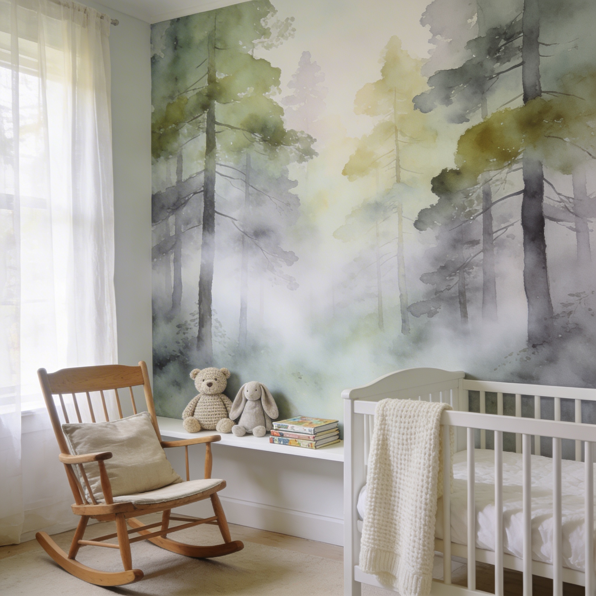 Misty forest mural with watercolour trees and morning mist, installed in a gentle nursery