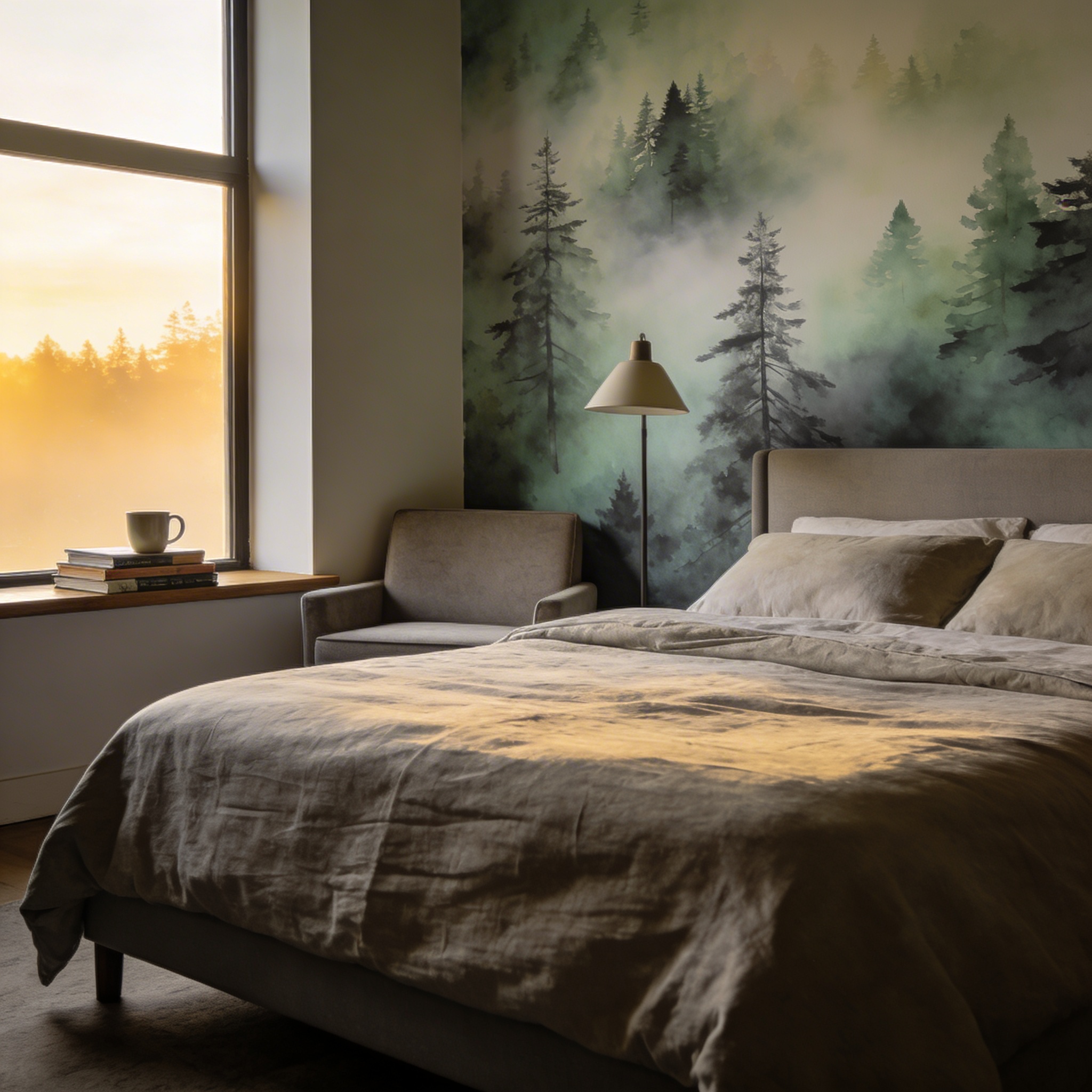 Misty forest mural in a master bedroom with neutral bedding and reading nook, dawn light