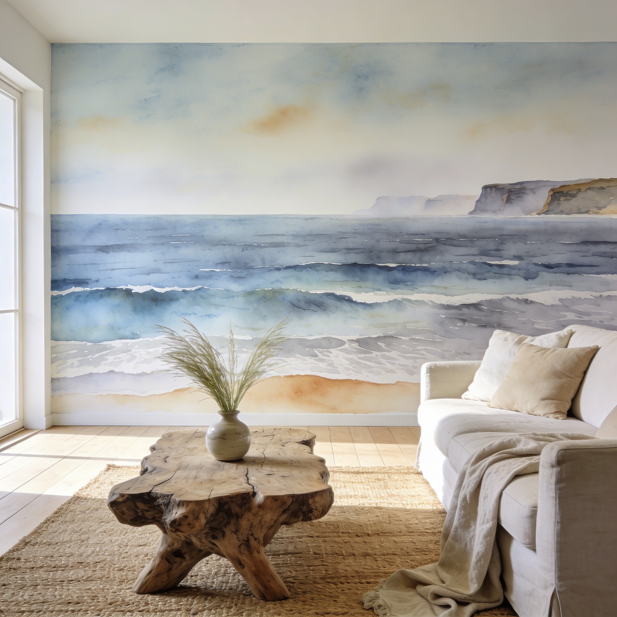 Coastal mural with ocean horizon and gentle waves in muted blues, installed in a bright living room