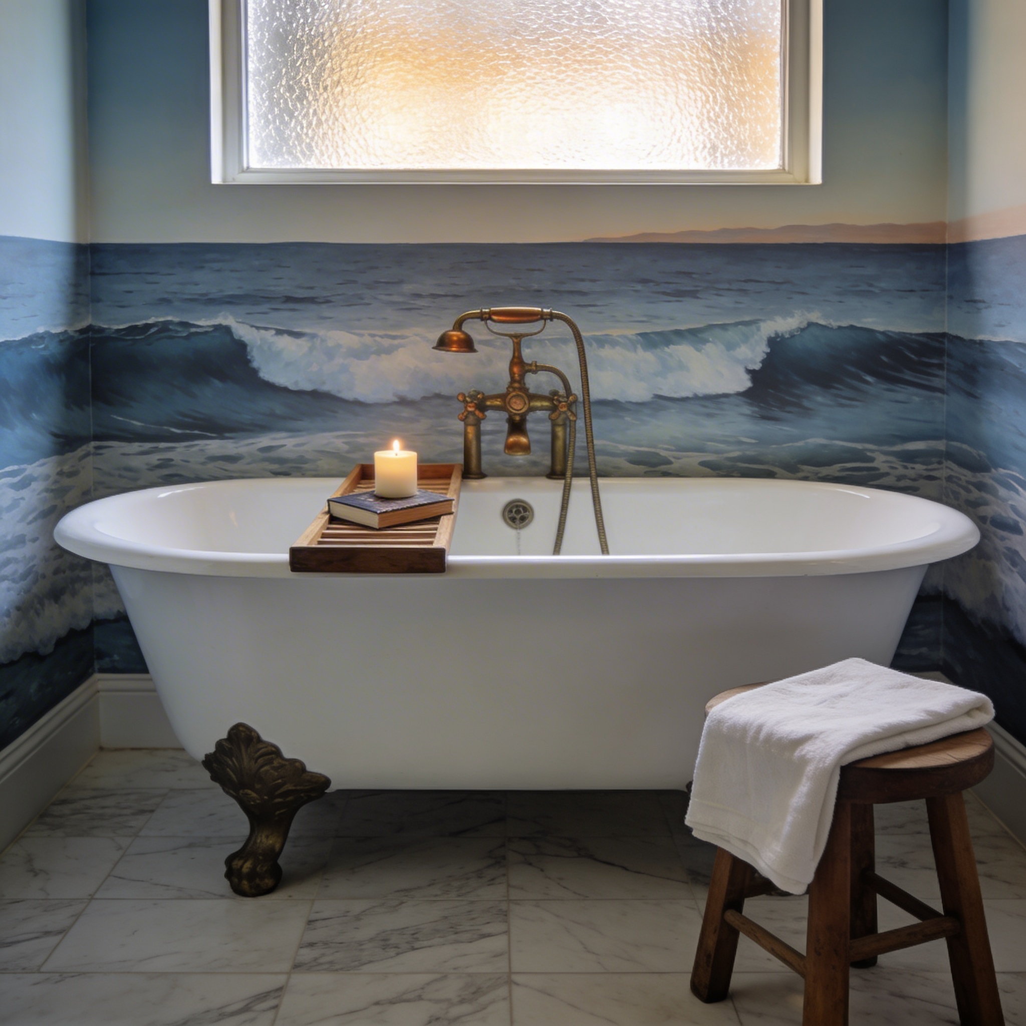 Coastal mural in a bathroom with freestanding bath and marble floor
