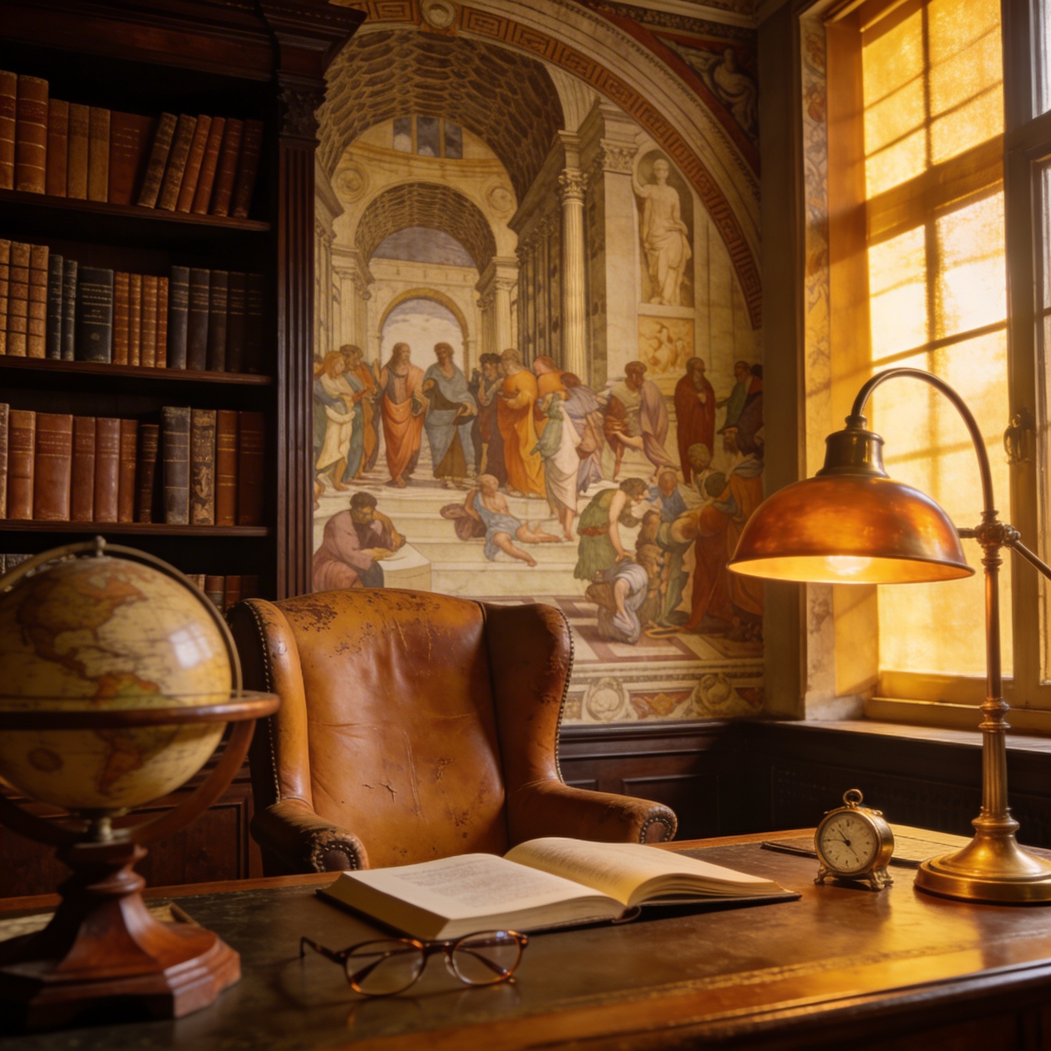 Renaissance mural with classical figures and architectural columns in warm ochre, installed in a study with leather wingback