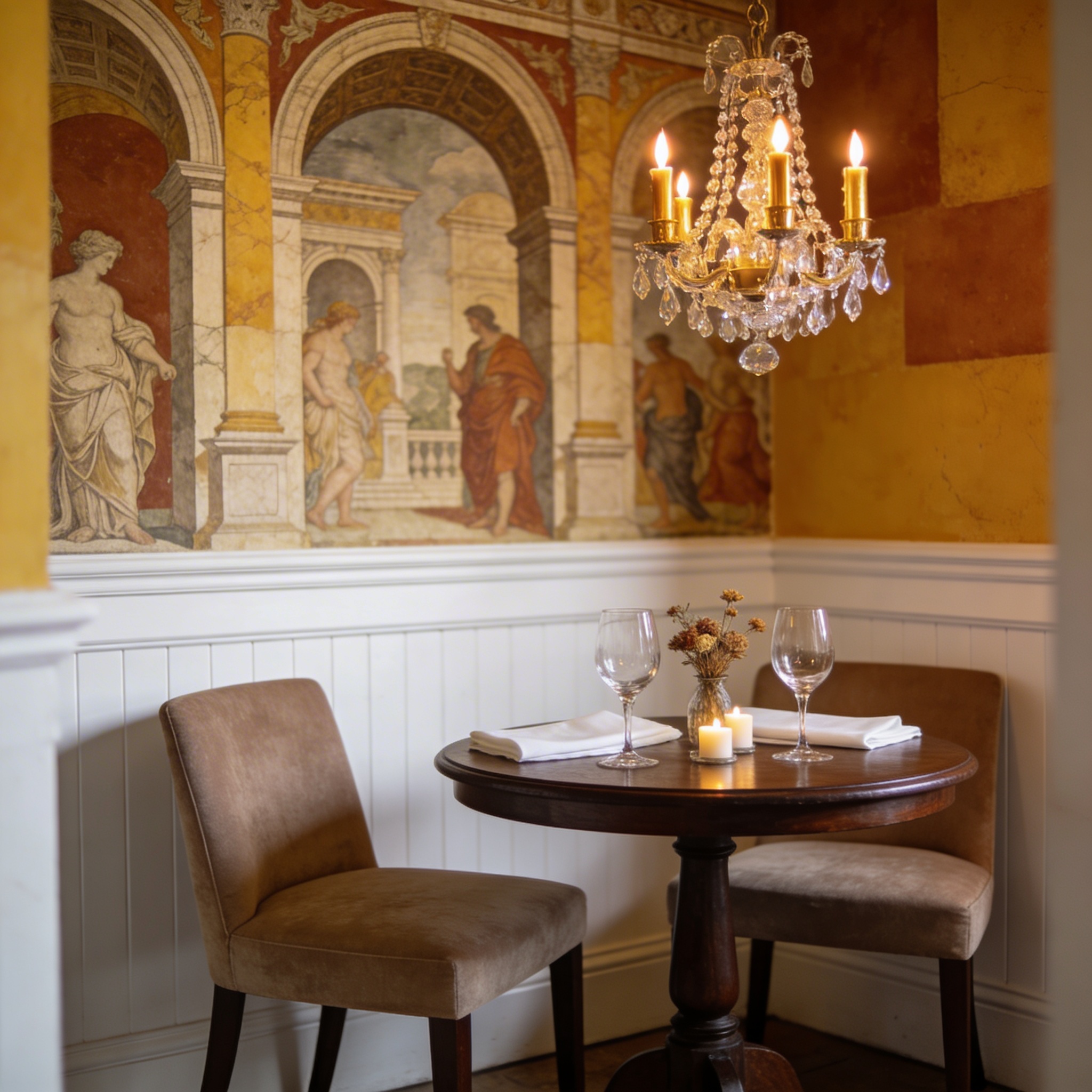 Renaissance mural in a small dining room with paneling, mural above dado rail, chandelier lighting