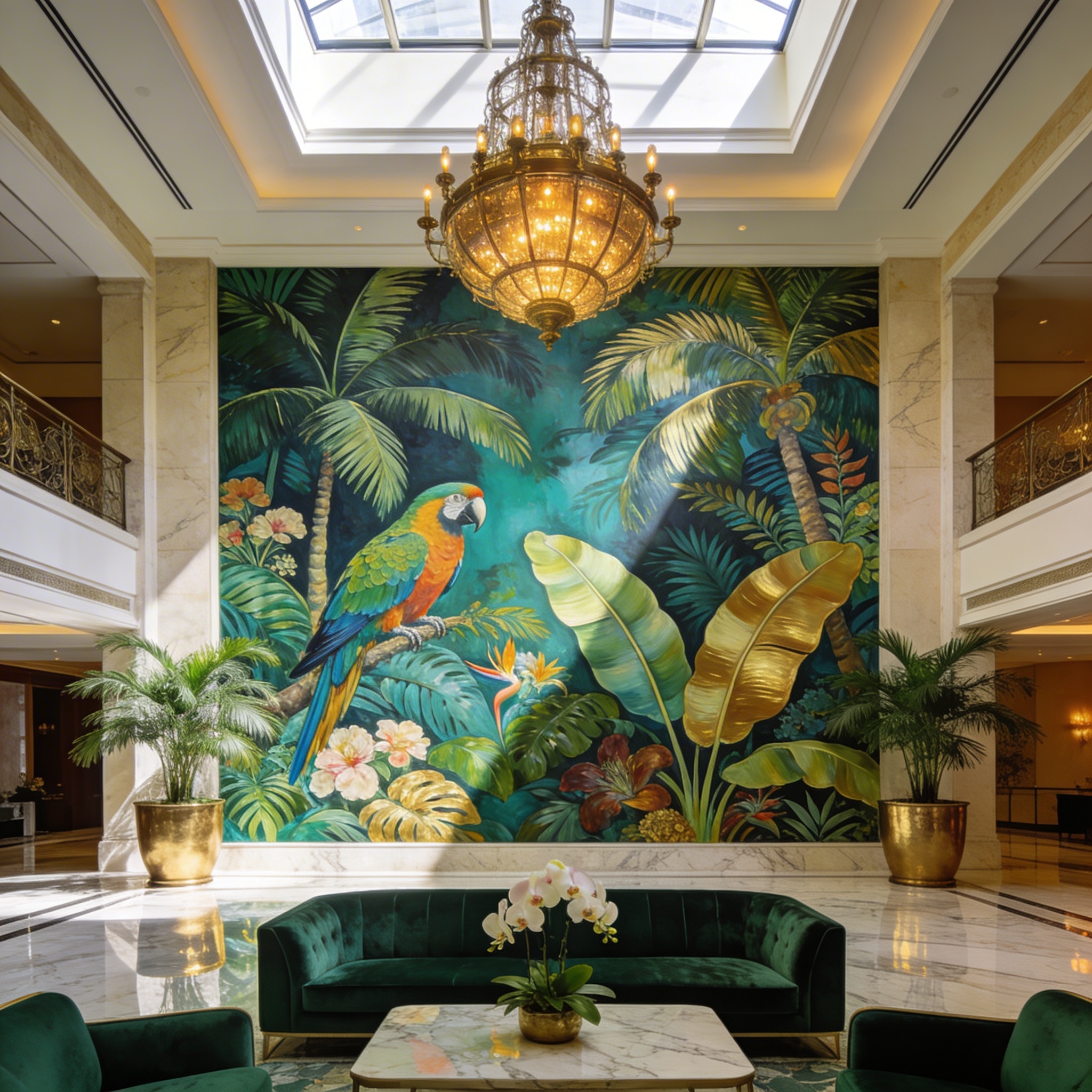 Tropical mural with lush palms, parrots and banana leaves in vivid greens, installed in a hotel lobby