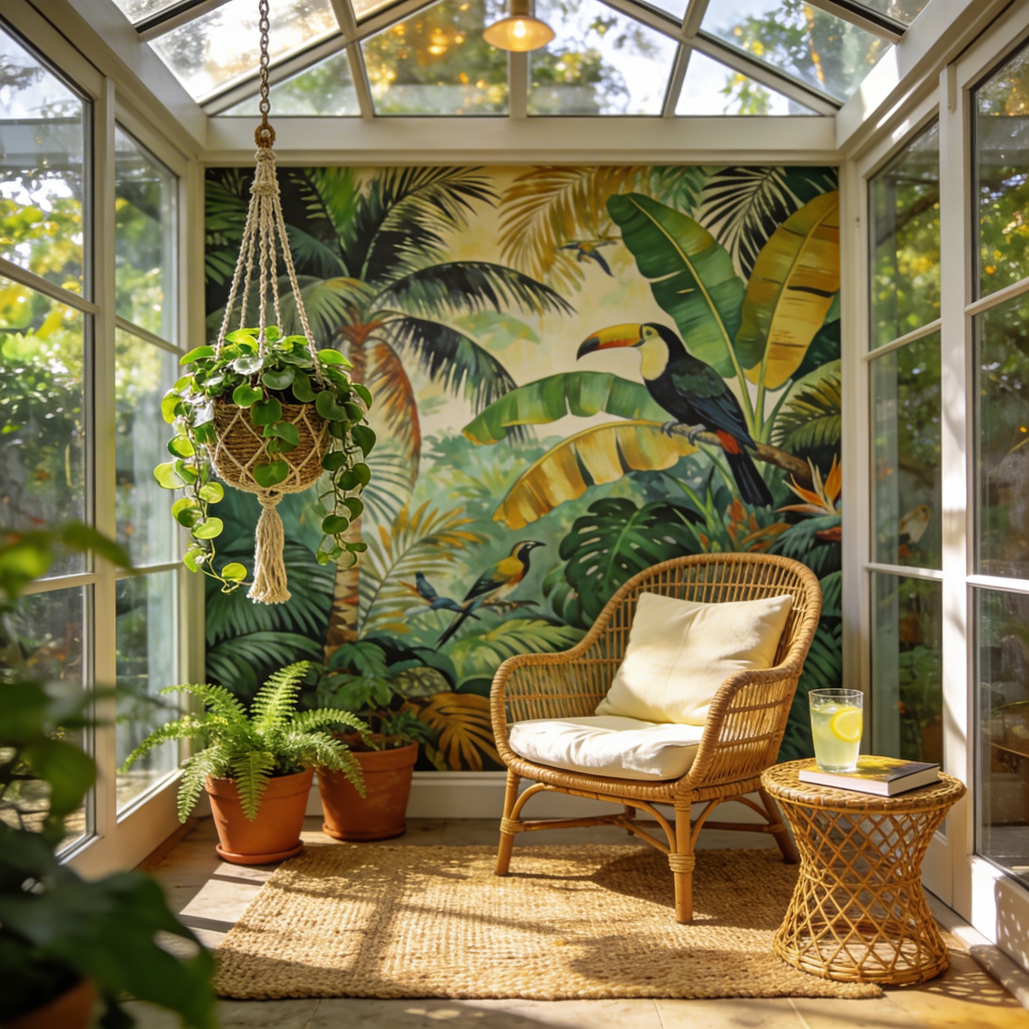 Tropical mural in a sunroom conservatory with rattan furniture and hanging plants