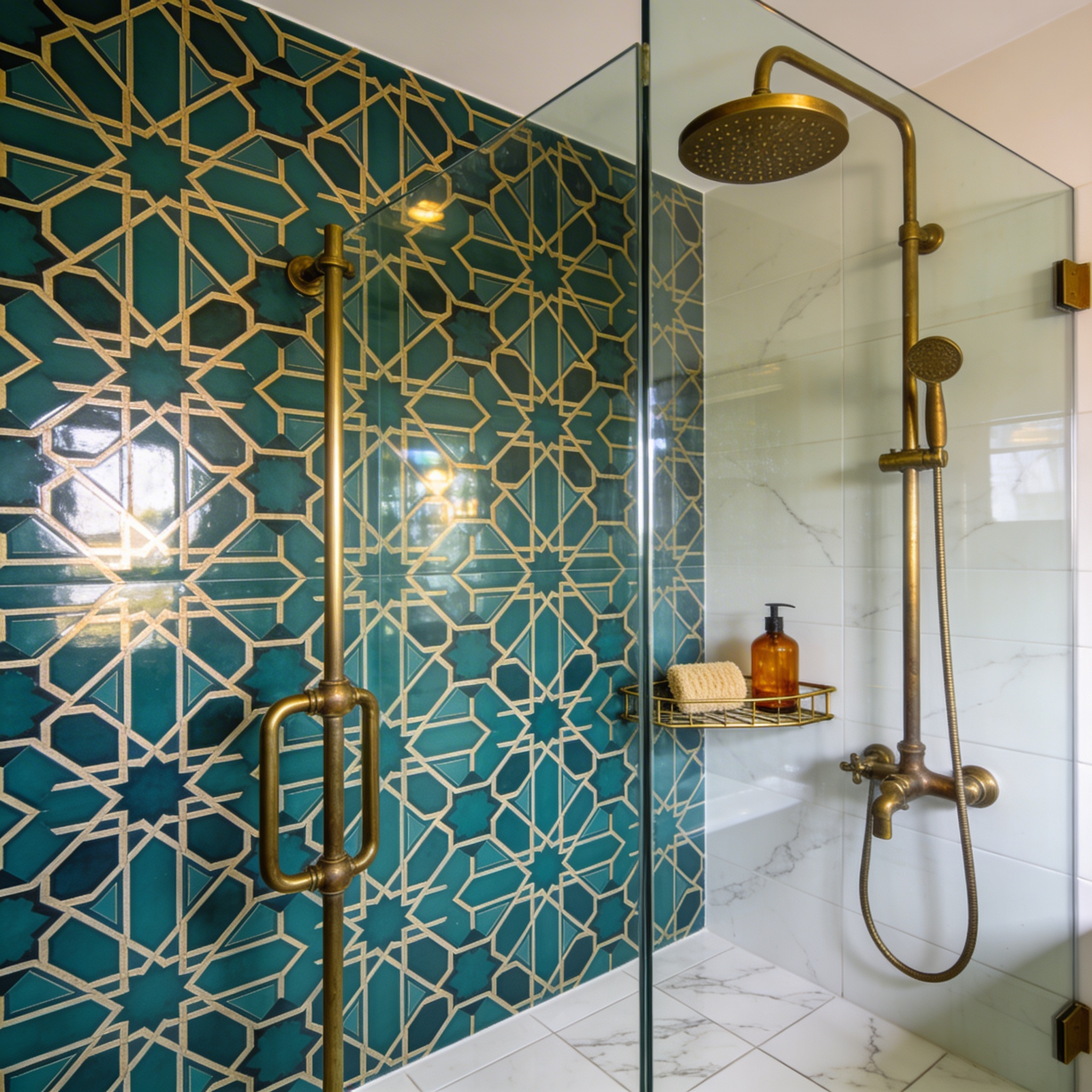 Geometric mural with Moroccan-influenced tile pattern in teal and gold, installed in a bathroom