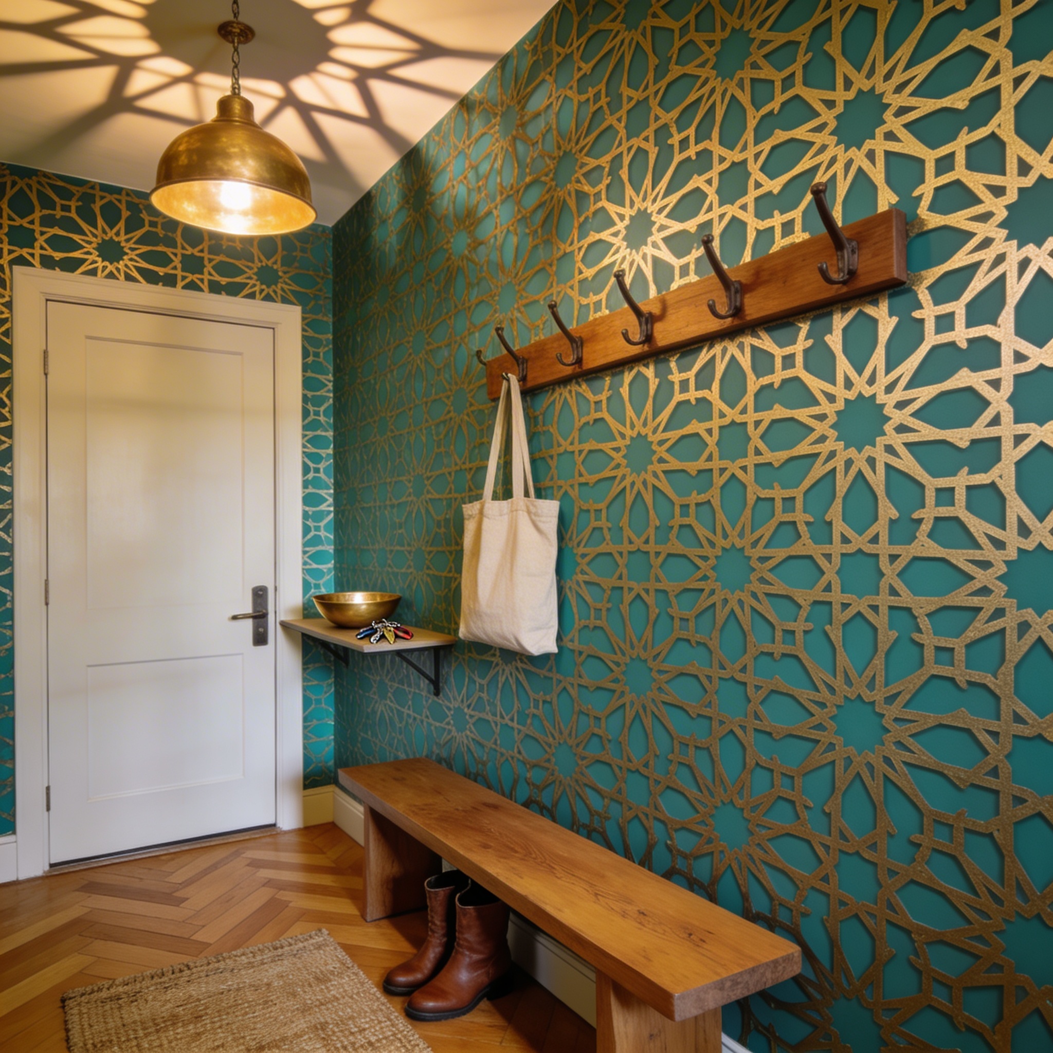 Geometric mural in an entryway with coat hooks and bench, the pattern wrapping the wall