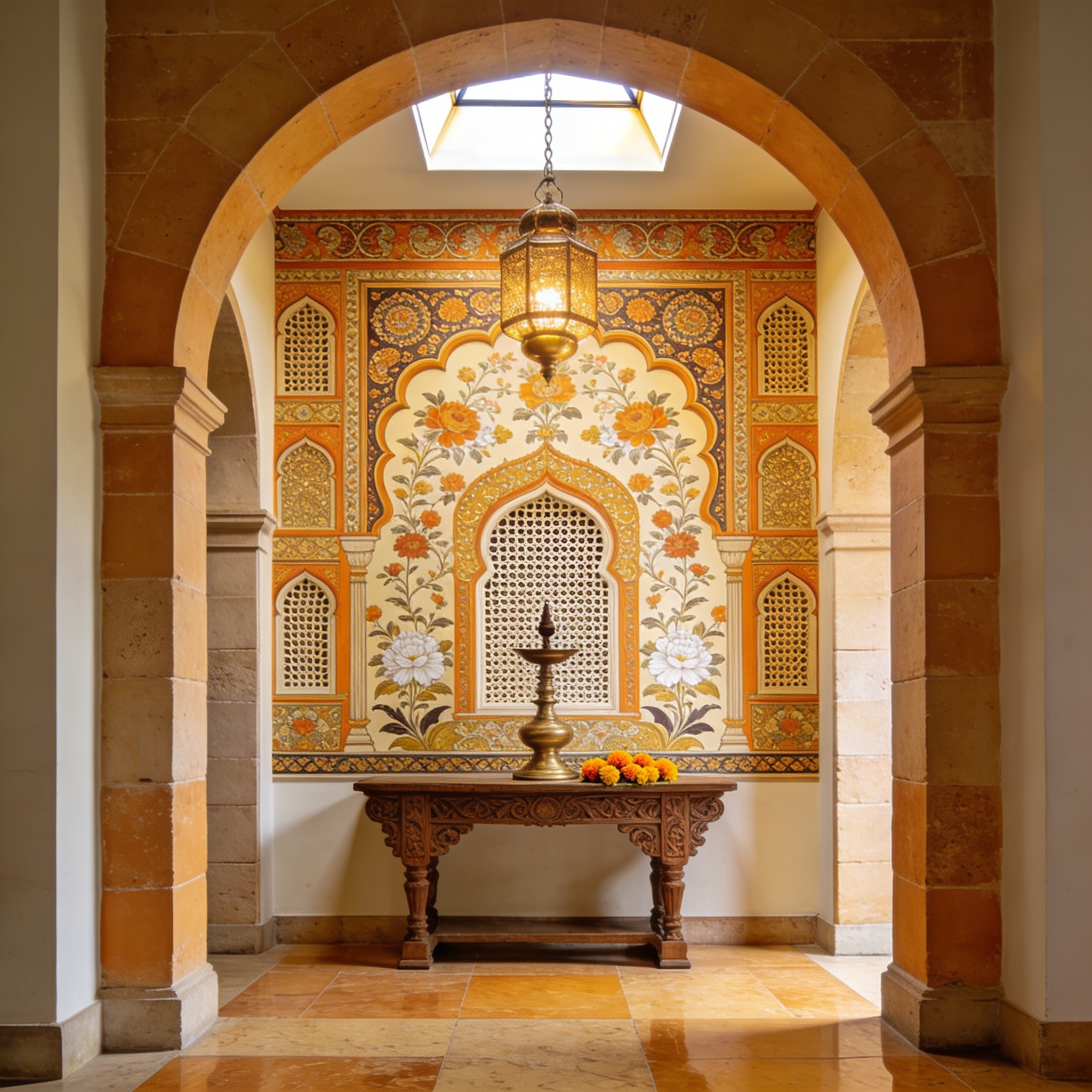 Indian heritage mural with Mughal florals and arched motifs in saffron and ivory, installed in a grand entryway