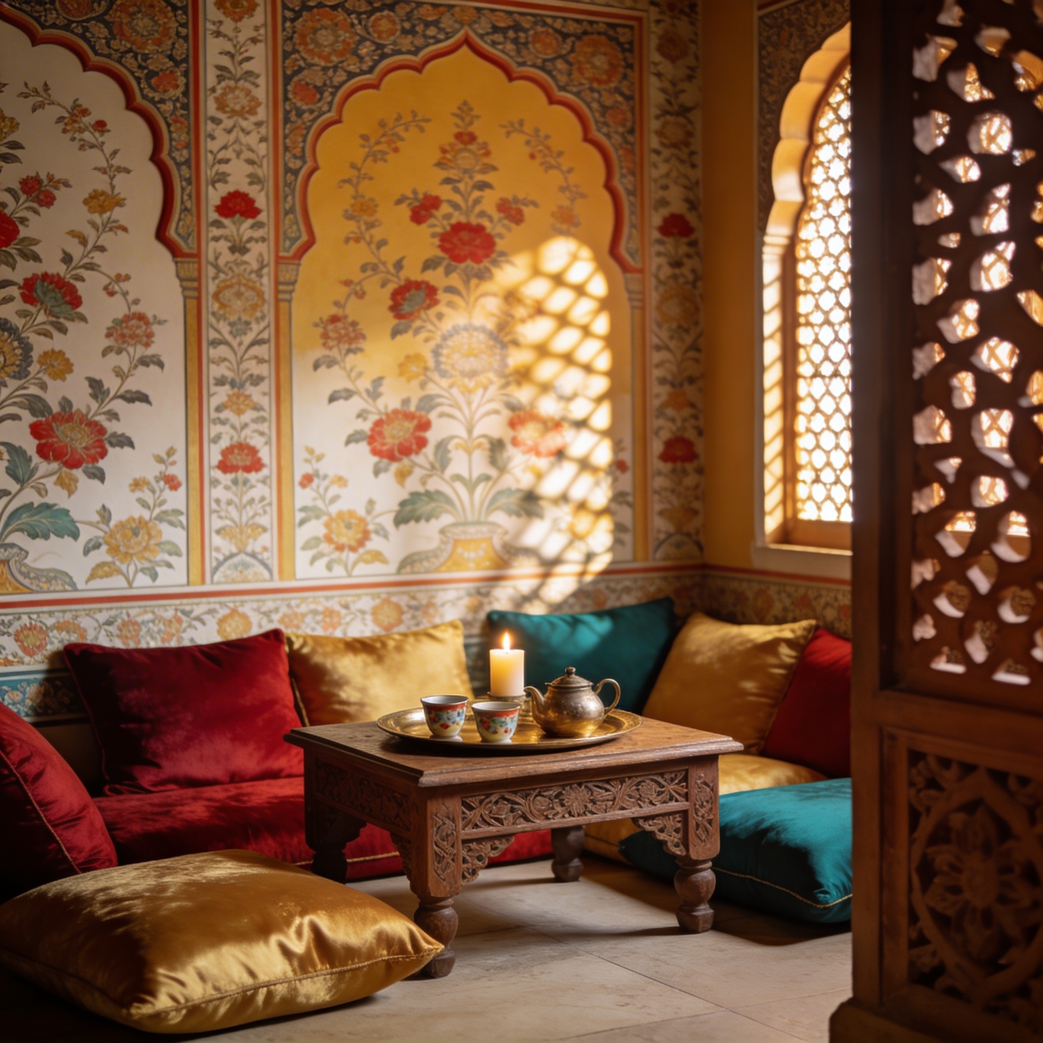 Indian heritage mural in an intimate sitting room with floor cushions and carved screen