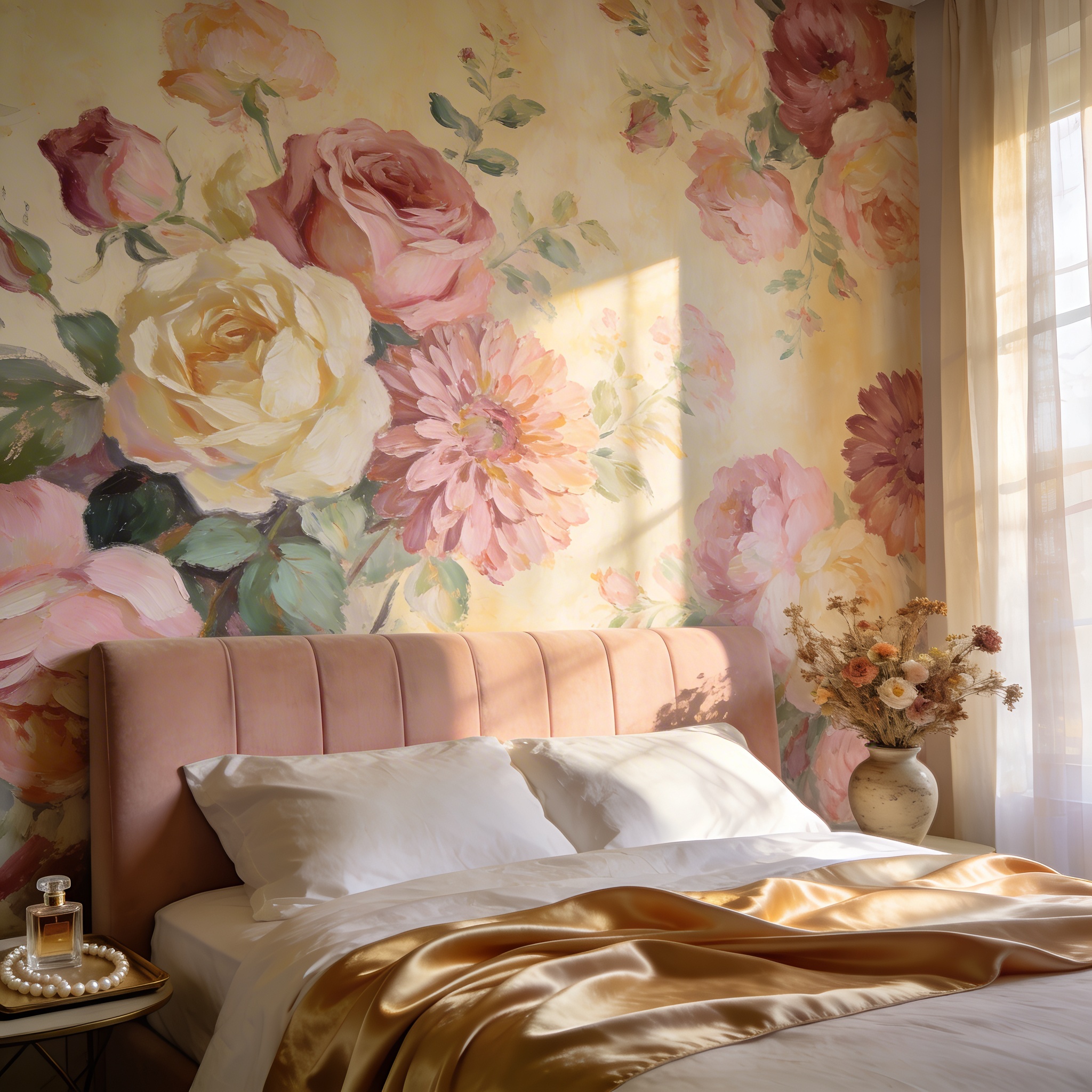 Floral mural with painterly roses and dahlias on cream and blush ground, installed in a romantic bedroom