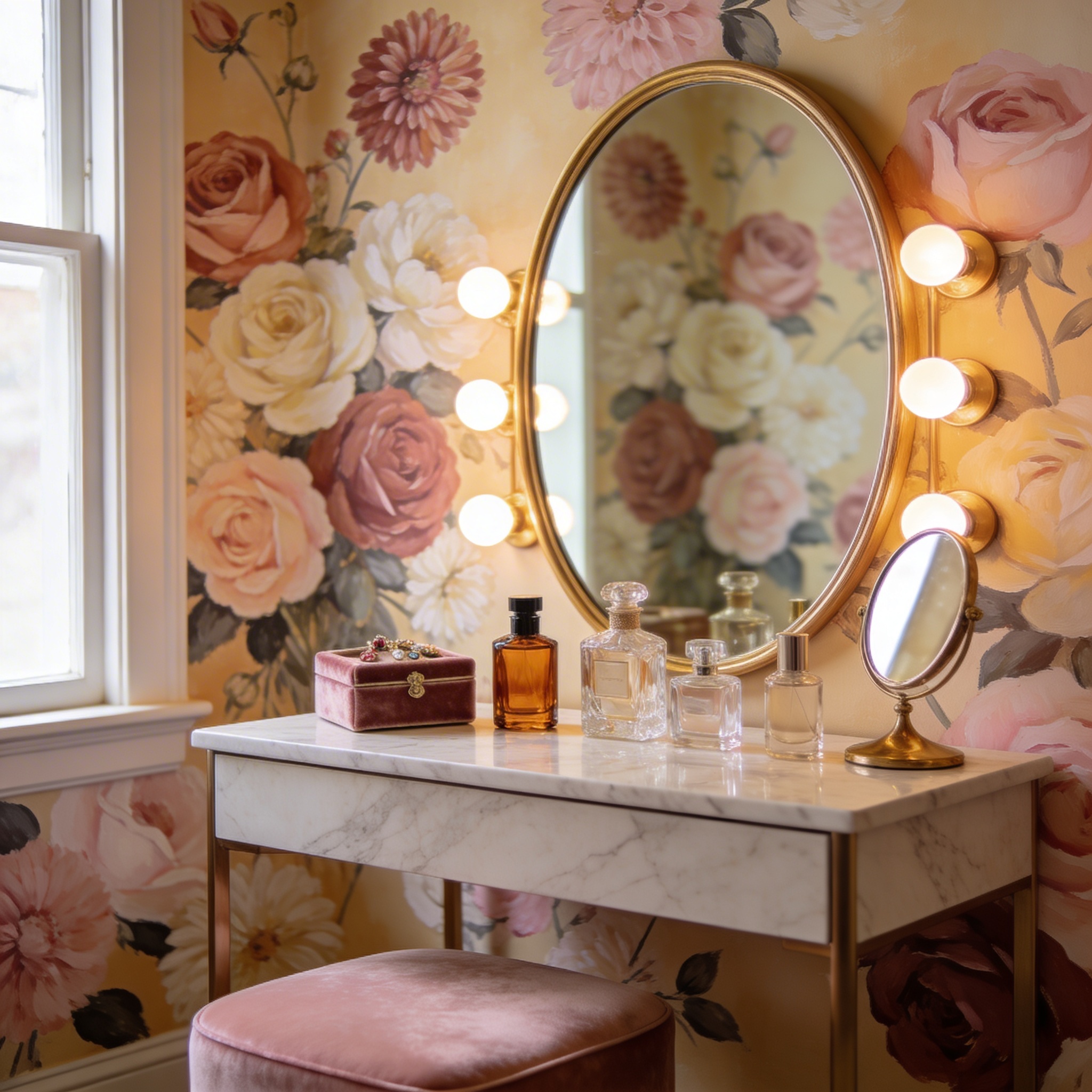 Floral mural in a dressing room vanity area with mirror and perfume bottles