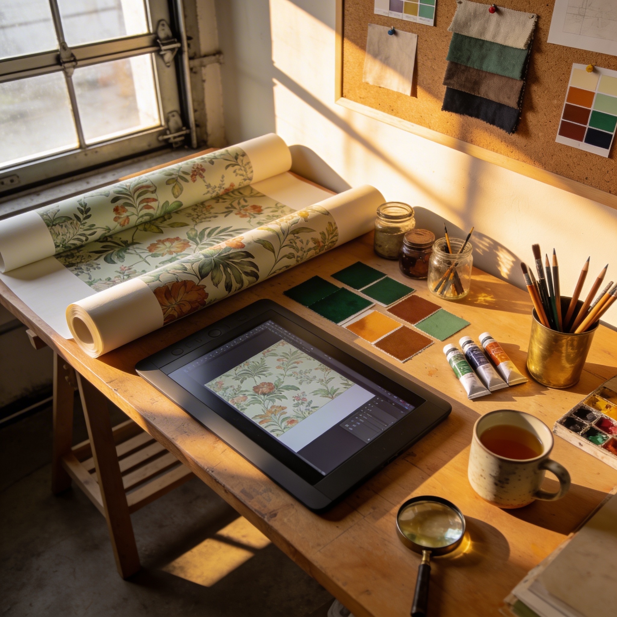 The Wall Shawl studio with natural light falling across a worktable, rolls of wallpaper paper, and design tools