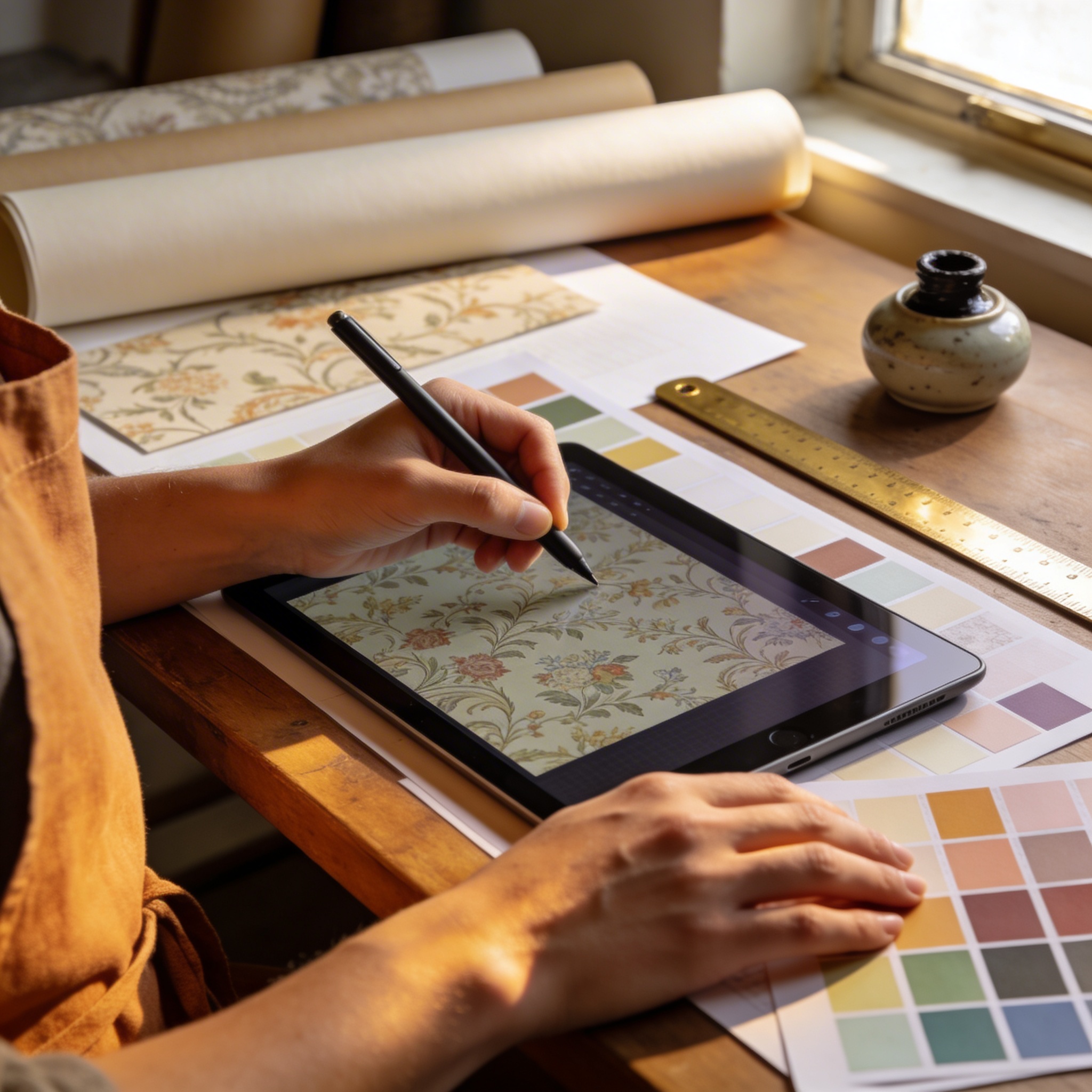 Akanksha Panday at her studio desk, reviewing a mural composition in natural light