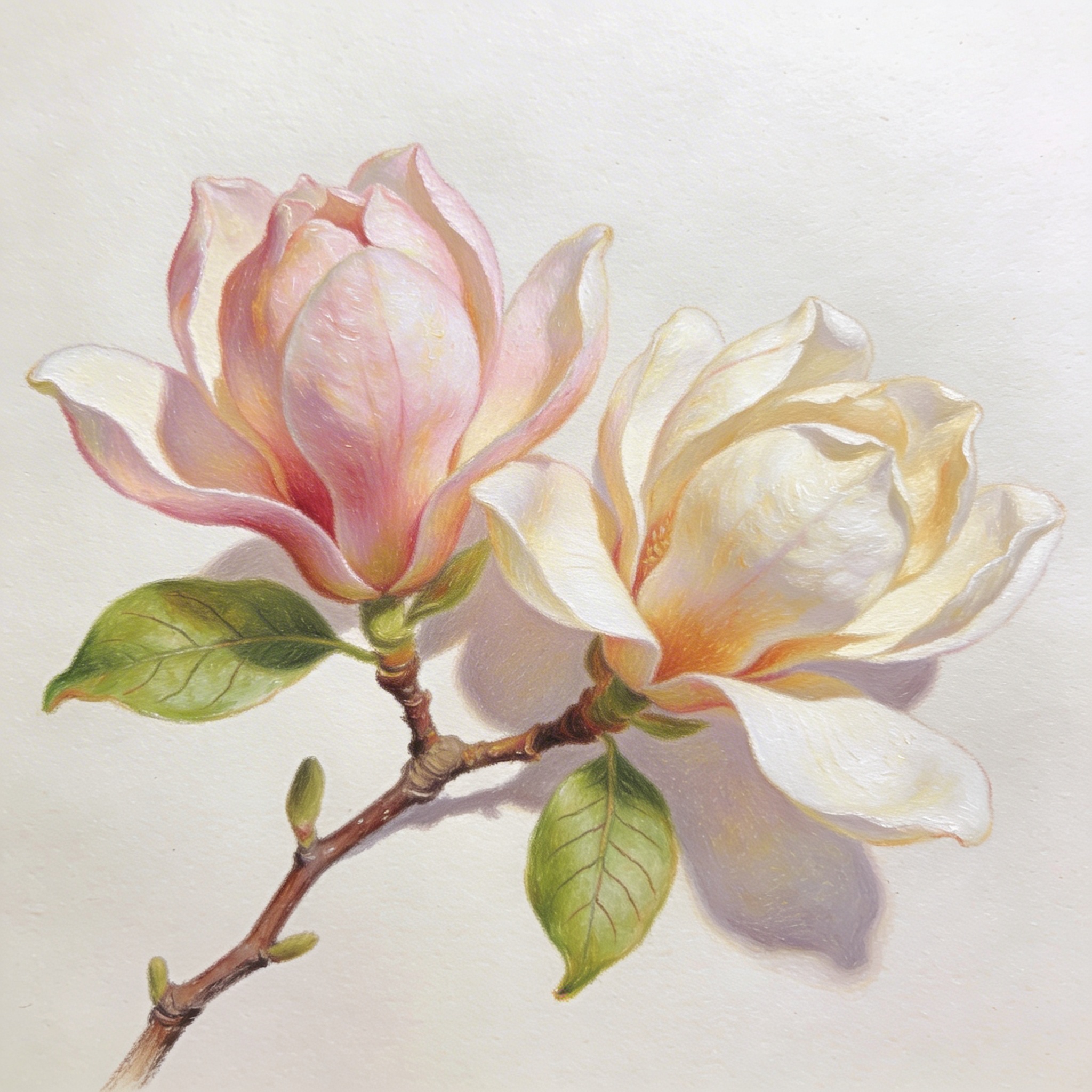 Close-up of a painted botanical branch showing delicate petal detail and colour gradation