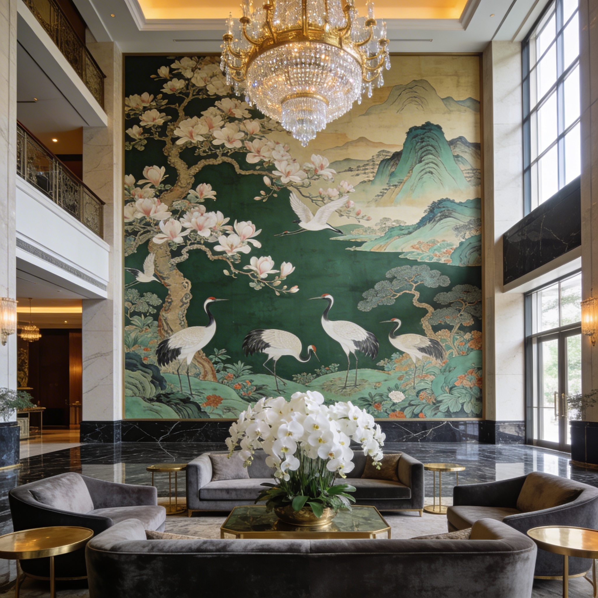 Grand hotel lobby with a large-scale chinoiserie mural installation on a double-height wall