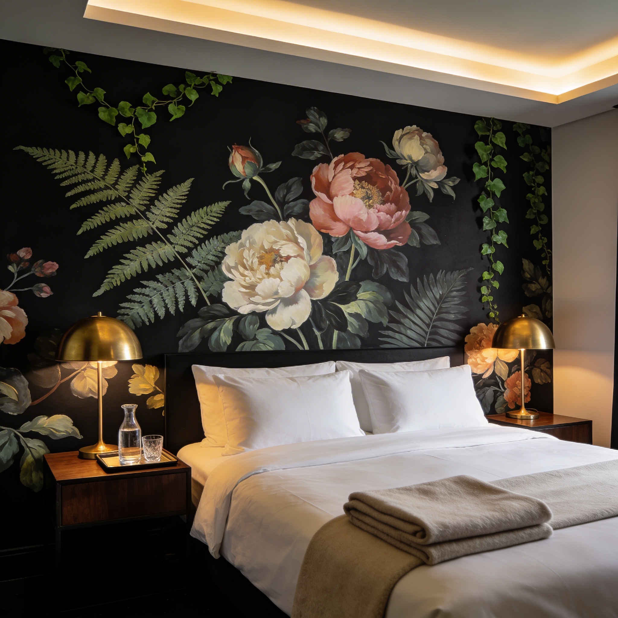 Boutique hotel room with a dark botanical mural behind a king bed, warm ambient lighting