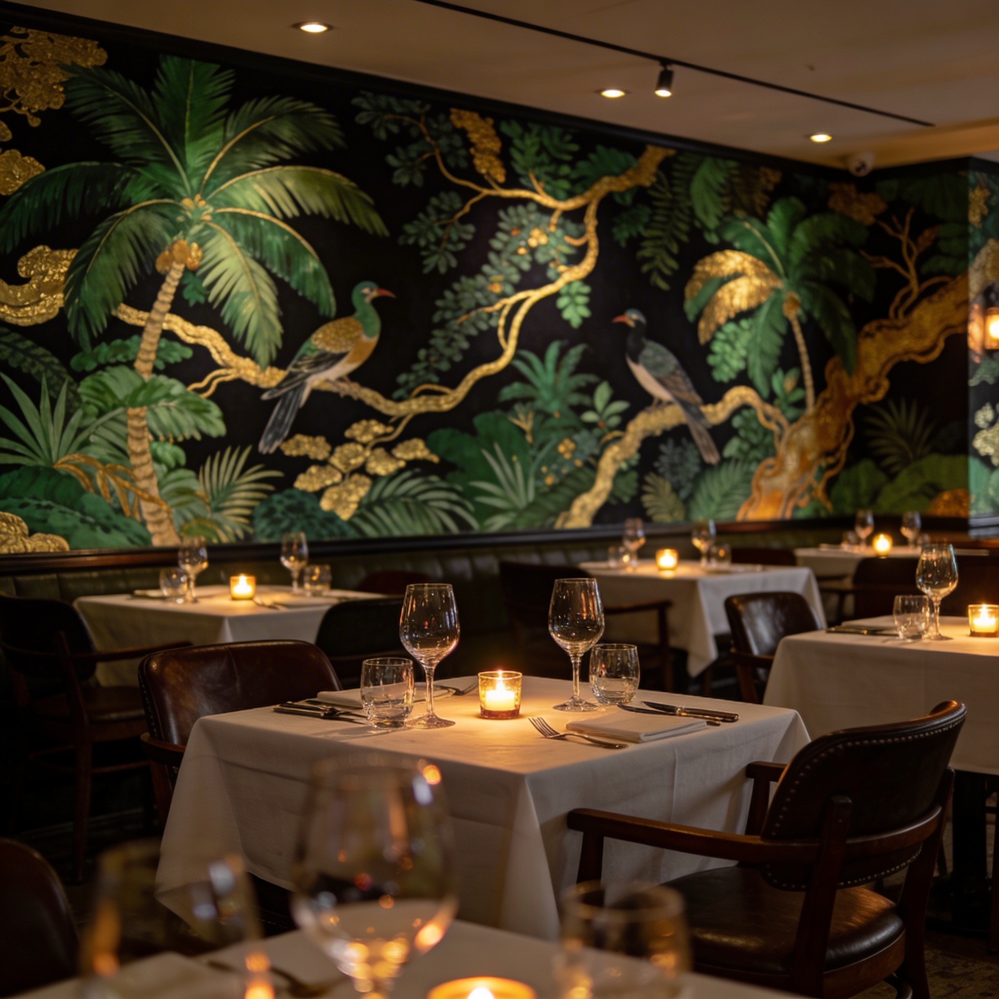 Restaurant dining area with a bold tropical mural stretching across the full wall, candlelit tables