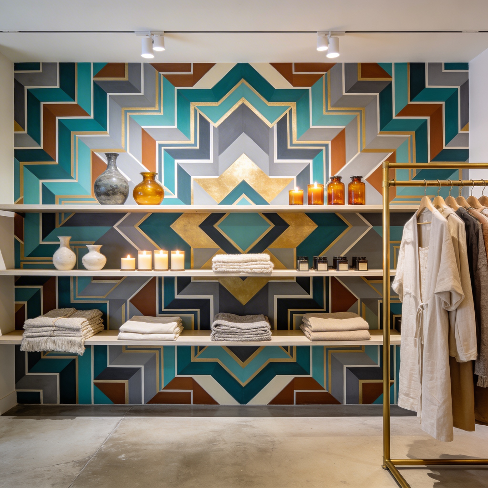 Retail store interior with a geometric scenic mural as a feature wall behind product displays