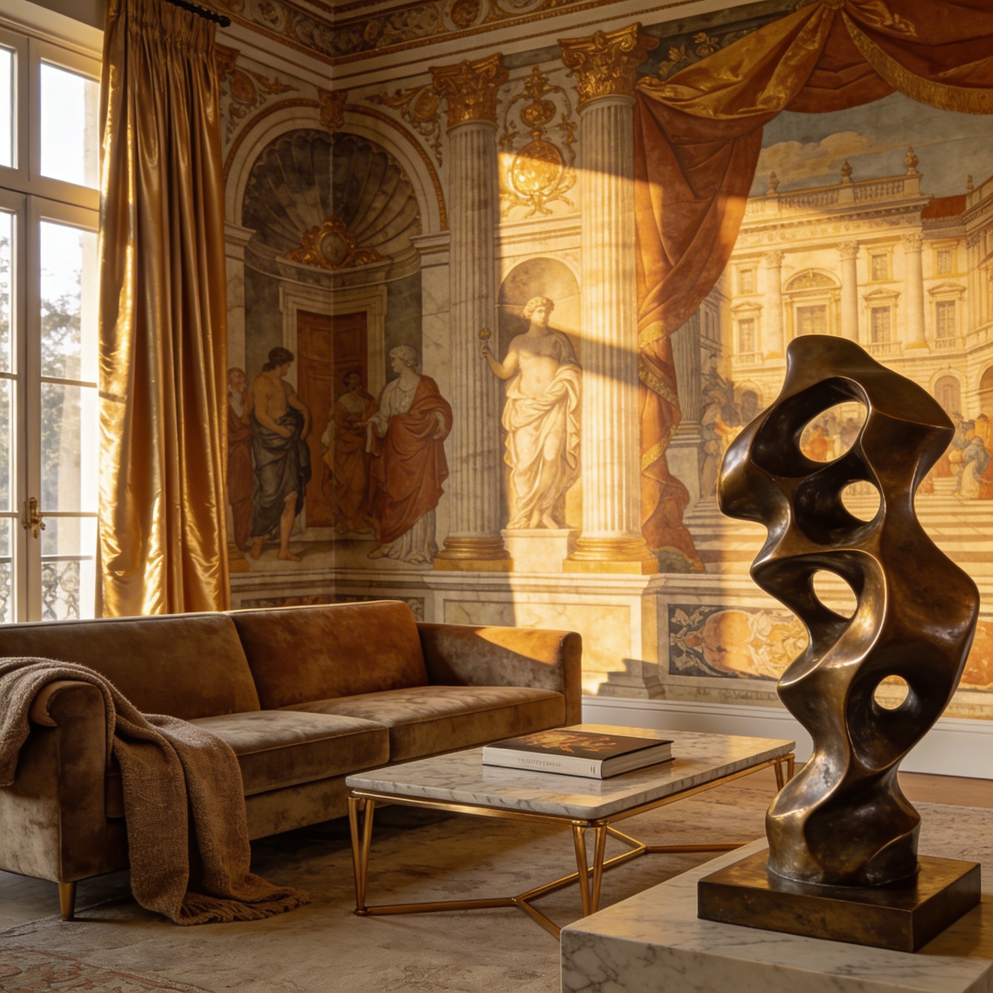 Luxury residential living room with a classical scenic mural, designer furniture in golden hour light